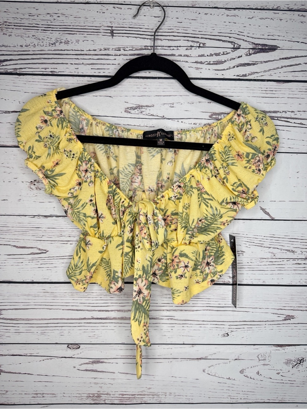 Almost Famous Yellow Floral Tie-Front Puff Sleeve Crop Blouse